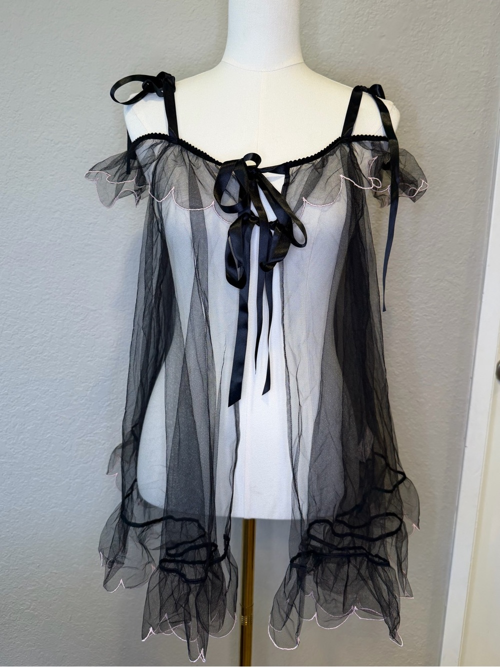 Agent Provocateur Lorna Black Sheer Tulle Babydoll Pink Embroidered S/M